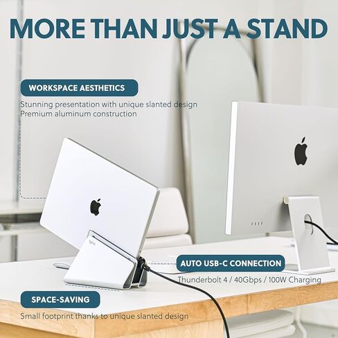 حامل الكمبيوتر المحمول الرأسي TiltSnap لجهاز MacBook، اتصال Thunderbolt4 USB-C التلقائي، اتصال سلس بقاعدة الإرساء أو الشاشة، 40 جيجابت في الثانية، 100 واط PD (فضي، MacBook Pro 16 بوصة (M1/M2/M3)) in Kuwait