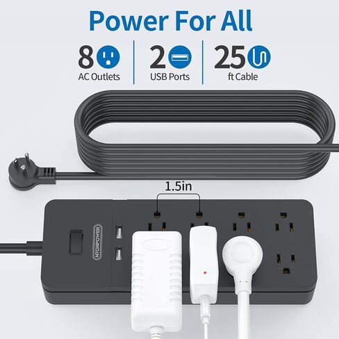 قابس مسطح بسلك تمديد بطول 25 قدمًا، شريط طاقة NTONPOWER 8 مخارج لحماية التيار مع منافذ USB، 1080 جول، قاطع دائرة 15 أمبير، حامل على الحائط لورشة عمل المكتب المنزلي أو المرآب، مدرج في قائمة ETL، أبيض in Saudi Arabia
