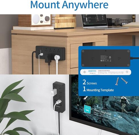 قابس مسطح بسلك تمديد بطول 25 قدمًا، شريط طاقة NTONPOWER 8 مخارج لحماية التيار مع منافذ USB، 1080 جول، قاطع دائرة 15 أمبير، حامل على الحائط لورشة عمل المكتب المنزلي أو المرآب، مدرج في قائمة ETL، أبيض in Saudi Arabia