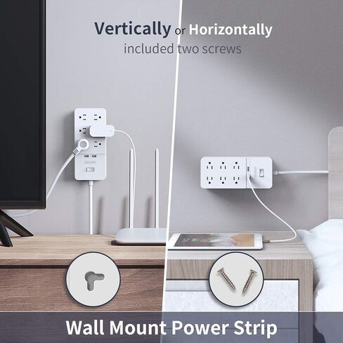 قابس مسطح بسلك تمديد بطول 25 قدمًا، شريط طاقة NTONPOWER 8 مخارج لحماية التيار مع منافذ USB، 1080 جول، قاطع دائرة 15 أمبير، حامل على الحائط لورشة عمل المكتب المنزلي أو المرآب، مدرج في قائمة ETL، أبيض in Saudi Arabia
