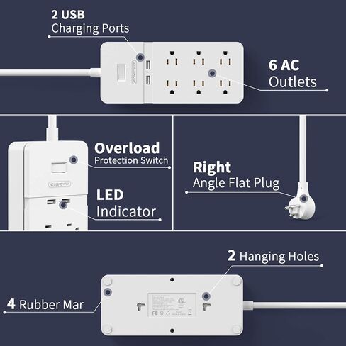 قابس مسطح بسلك تمديد بطول 25 قدمًا، شريط طاقة NTONPOWER 8 مخارج لحماية التيار مع منافذ USB، 1080 جول، قاطع دائرة 15 أمبير، حامل على الحائط لورشة عمل المكتب المنزلي أو المرآب، مدرج في قائمة ETL، أبيض in Saudi Arabia