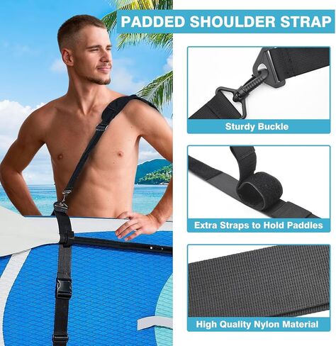 حزام حمل لوح التجديف، حزام حمل قابل للتعديل لقوارب الكاياك/SUP/ركوب الأمواج مع حمالة كتف مبطنة، أشرطة لوح مجداف بدون استخدام اليدين لحمل اللوح والمجداف، حامل لوح مجداف قوي للرجال والنساء in Kuwait