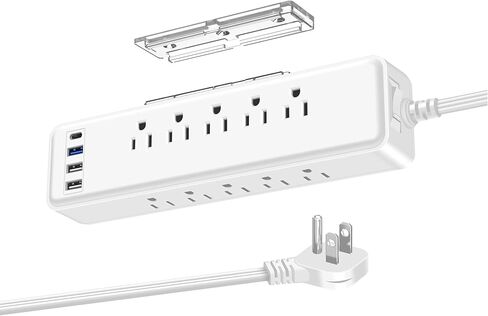 واقي التيار الكهربائي تحت المكتب PD 20 وات USB C، موسع منفذ جانبي، مع حامل شريط الطاقة، لاصق قابل للتركيب على الحائط، 10 منافذ، قابس مسطح رفيع جدًا، سلك تمديد نحيف بطول 15 قدمًا أسود in Kuwait