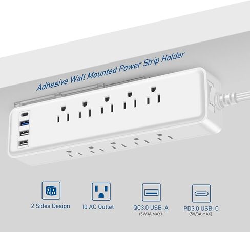 واقي التيار الكهربائي تحت المكتب PD 20 وات USB C، موسع منفذ جانبي، مع حامل شريط الطاقة، لاصق قابل للتركيب على الحائط، 10 منافذ، قابس مسطح رفيع جدًا، سلك تمديد نحيف بطول 15 قدمًا أسود in Kuwait