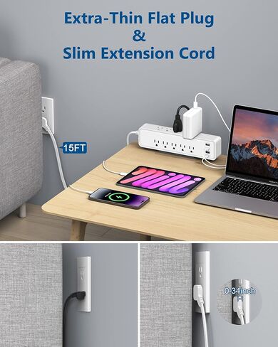 واقي التيار الكهربائي تحت المكتب PD 20 وات USB C، موسع منفذ جانبي، مع حامل شريط الطاقة، لاصق قابل للتركيب على الحائط، 10 منافذ، قابس مسطح رفيع جدًا، سلك تمديد نحيف بطول 15 قدمًا أسود in Kuwait