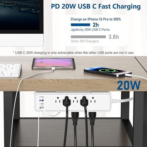 واقي التيار الكهربائي تحت المكتب PD 20 وات USB C، موسع منفذ جانبي، مع حامل شريط الطاقة، لاصق قابل للتركيب على الحائط، 10 منافذ، قابس مسطح رفيع جدًا، سلك تمديد نحيف بطول 15 قدمًا أسود in Kuwait
