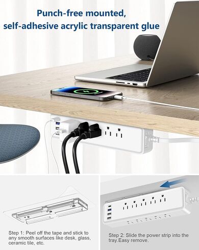 واقي التيار الكهربائي تحت المكتب PD 20 وات USB C، موسع منفذ جانبي، مع حامل شريط الطاقة، لاصق قابل للتركيب على الحائط، 10 منافذ، قابس مسطح رفيع جدًا، سلك تمديد نحيف بطول 15 قدمًا أسود in Kuwait