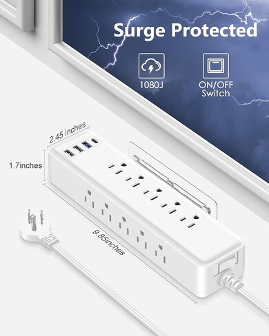 واقي التيار الكهربائي تحت المكتب PD 20 وات USB C، موسع منفذ جانبي، مع حامل شريط الطاقة، لاصق قابل للتركيب على الحائط، 10 منافذ، قابس مسطح رفيع جدًا، سلك تمديد نحيف بطول 15 قدمًا أسود in Kuwait
