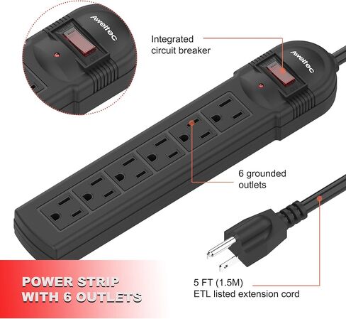 6-Outlet Surge Protector Power Strip with 2 USB Ports - ETL, 900 Joules, 5-Foot Extension Cord (1875W/15A), Overload Protection, Black in Saudi Arabia
