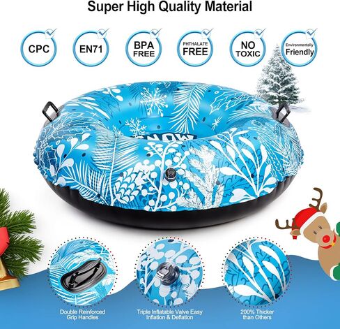 أنبوب الثلج، أنابيب ثلج كامولاند مقاس 47 بوصة للتزلج شديد التحمل، زلاجة ثلجية قابلة للنفخ للأطفال والكبار، مزلقة قابلة للقطر مع مقابض ندفة الثلج، الرياضات الخارجية الشتوية، أزرق سماوي in Kuwait
