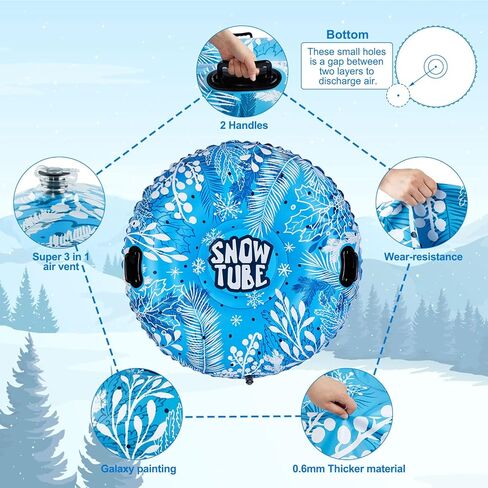 أنبوب الثلج، أنابيب ثلج كامولاند مقاس 47 بوصة للتزلج شديد التحمل، زلاجة ثلجية قابلة للنفخ للأطفال والكبار، مزلقة قابلة للقطر مع مقابض ندفة الثلج، الرياضات الخارجية الشتوية، أزرق سماوي in Kuwait