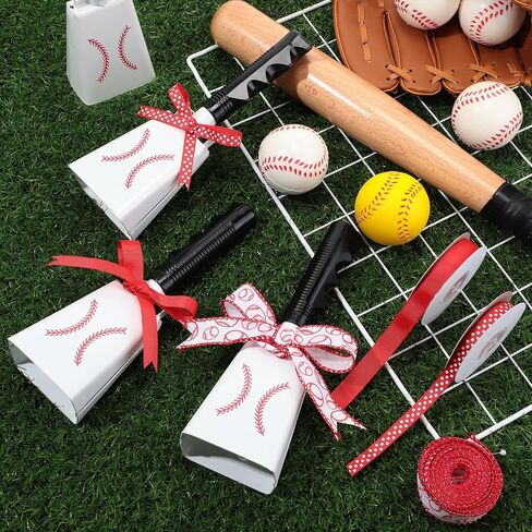 Lukmaa 6 قطع أجراس بقرة مقاس 9 بوصة مع مقابض موضوع البيسبول مع شريط من أجراس البقر الإيقاعية للأحداث الرياضية، صانعي الضوضاء، فريق روح الرياضة، هدايا حفلات البيسبول لمحبي البيسبول in Kuwait