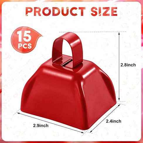 15 Pack Red Cow Bells Noise Makers with Handle - Loud Sound Hand Percussion Cowbells for Sporting Events, Football Games, Ceremonies, 3x2.8x2.5 in in Saudi Arabia