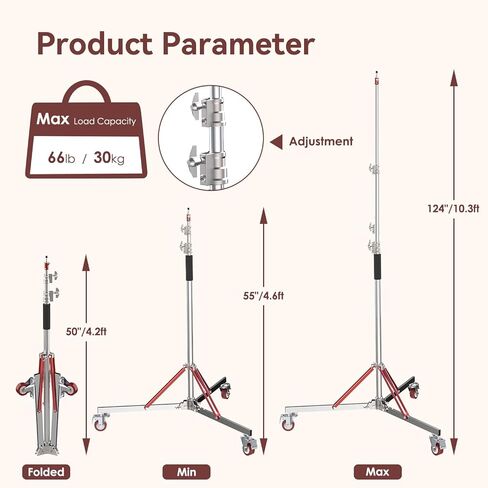 حامل إضاءة شديد التحمل للتصوير الفوتوغرافي: أقصى حمولة 66 رطل - Takers LS12 10.3ft/124 حامل ثلاثي القوائم من الفولاذ المقاوم للصدأ قابل للتعديل مع برغي عالمي 1/4 بوصة إلى 3/8 بوصة، وحقيبة حمل لصندوق Softbox، ستروب in Kuwait