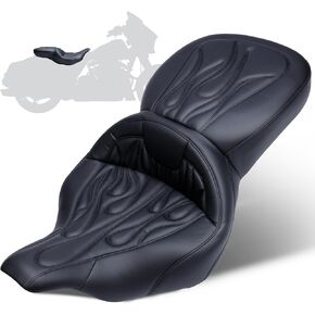MoKitDora Touring Motorcycle Seats One-Piece Deluxe Seat for Harley Driver Passenger 1997-2007 Electra Road Glide FLHT FLTR, Flame Stitched