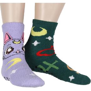 Bioworld Sailor Moon Socks Women's Artemis And Luna 3D Ears Fuzzy Mid-Calf Adult Anime 2-Pack Crew Socks