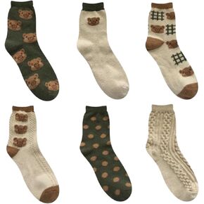 6 Pair Cute Socks for Women Bear Patterned Ankle Socks Preppy Ruffle Socks Thick Fall Classic Crew Socks