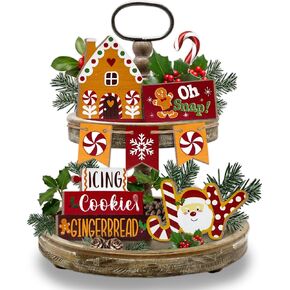 Christmas Tiered Tray Decor, Farmhouse Gingerbread Man House Tray Decorations Santa Claus Candy Cookie Wooden Signs, Rustic Winter Merry Xmas Decorations for Home Table Shelf Party Holiday