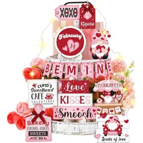 15 Pcs Valentine's Day Tiered Tray Decor Set Be Mine/Bee Wooden Sign Table Decorations Heart Bee Farmhouse Wood Tabletop Signs with LED String Light for Valentine Day Gift (Heart)