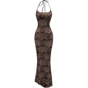 Floerns Women's Leopard Print Sleeveless Halter Dress Club Bodycon Maxi Dresses