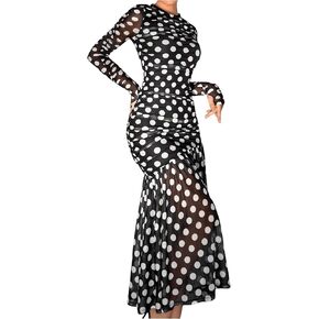 Verdusa Women's Polka Dots Mesh Layered Bodycon Dress Long Sleeve Ruched Long Dress