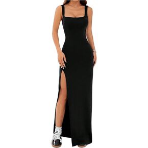 SOLY HUX Women's Sleeveless Split Bodycon Tank Dress Square Neck Party Long Dresses