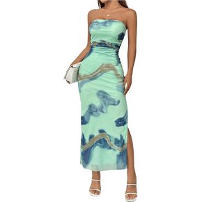Milumia Women's Tie Dye Side Slit Midi Dress Strapless Bodycon Tube Dresses