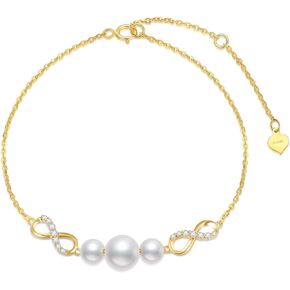 14k Gold Created Moissanite and Freshwater Cultured Pearl Infinity Bracelets for Women, Real Gold Love Jewelry Gifts for Her, 6.8"-8.4"