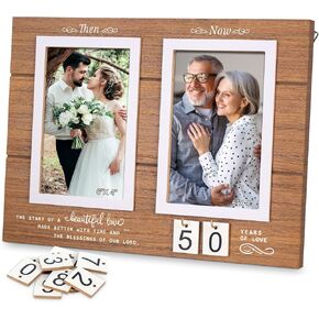 Then & Now Anniversary Picture Frame, 1-99 Years Wedding Gift Ideas - Anniversary Wood Photo Frame, Engagement Bridal Shower Gifts with Sentimental Quote - Holds 2 4x6 Inches Photos (Then & Now)