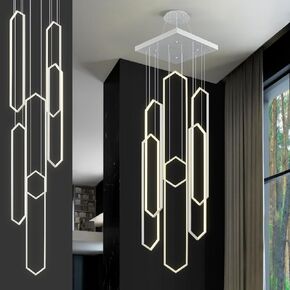 Modern Adjustable Height Chandelier Gold 4000K LED Pendant Lights 6 Rings Rectangular Chandelier Staircase Large Chandelier for High Ceilings Foyer Entryway