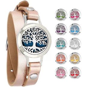 Aromatherapy Essential Oil Diffuser Bracelet,Tree of Life Pattern Stainless Steel Locket Leather Band for Women