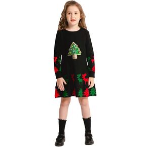 SMILING PINKER Girls Christmas Dress Jingle Bells Sequins Xmas Tree Knit Ugly Sweater