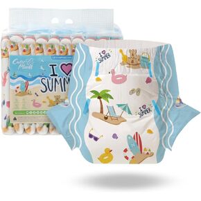 CutiePlusU Adult Diapers 10 Pieces, Disposable Incontinence Briefs with Tabs for Women and Men, Maximum Overnight Absorbency- I Love Summer (Medium 28"-38")