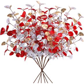 6Pcs Artificial Eucalyptus Leaves Stems Eucalyptus Branches Christmas Fake Flowers, Artificial Christmas Plants for Floral Arrangements Christmas Tree Holiday Home DIY Crafts Decor