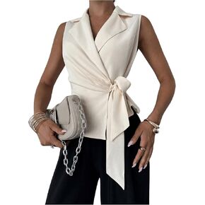 GORGLITTER Women's Sleeveless Blazers Ruched Tie Side Lapel Cardigan Jacket