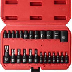 25 Piece Torx Bit and Socket Set, 13 Star Bits (T8- T60) & 12 E-Torx Sockets (E4-E22), Professional Grade Auto & Motorcycle Mechanic Set