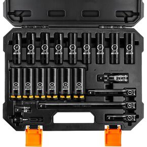 BOEN Pro 1/2" Drive Metric Deep Impact Socket Set, 21-Piece CR-MO &CR-V Steel, Upgraded Torque & Durability, 10mm-24mm, Includes Extension Bars, Universal Joint, Adapter – Meets ANSI