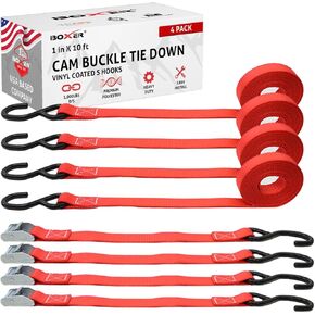 BoxerTool Cam Buckle Tie Down Straps 16 Pack - Lashing Straps Cargo Tie Down Strap 1" x 10' Ratchet Tie Down Straps Coated S-Hooks 1,000lbs Capacity Securing Straps