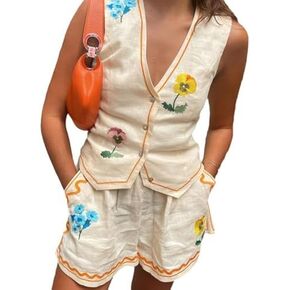 Linen 2 Pice Set Button Up Flower Embroidered Tank Tops Baggy Shorts Summer Party Pants Suit