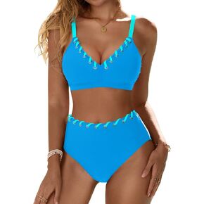 Blooming Jelly Women High Waisted Bikini Sets Color Block Two Piece Swimsuits Push Up V Neck High Cut Bathing Suit