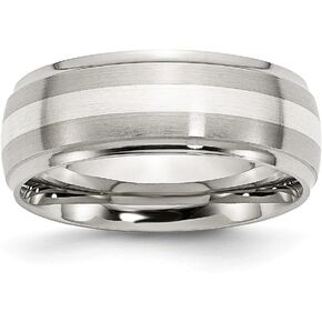 Stainless Steel Sterling Silver Inlay Ridged Edge Brushed and Polished Wedding Band (8mm)