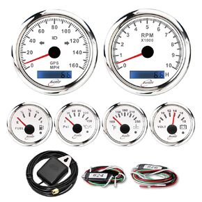 6 Gauge Marine Instrument Set 7 Color White Dial 3-3/8" 85mm GPS Speedometer 160 MPH Odometer Tachometer 10000 RPM 2-1/16" 52mm Fuel Gauge 0-90 ohm Oil Pressure Water Temp Volt 12V 24V Truck