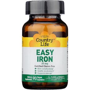 Country Life Easy Iron 25mg Capsules - Gentle Non-Constipating Ferrochel - Vegan Vitamin Supplement for Women & Men - Supports Body Energy - Multivitamin with Iron