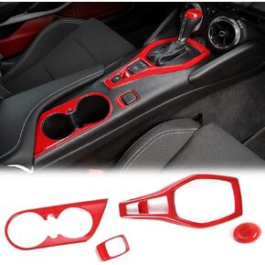 Voodonala for Chevy Camaro Interior Kits Gear Panel Cover Cup Holder Cigerate Lighter Decoration Cover Compatible with Chevrolet Camaro 2017-2023 (Red,4Pcs,ABS)