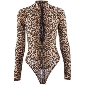 Women Leopard Jumpsuit Thong Long Sleeve Tank Top Turtleneck Onesie Romper Shapewear Bodysuit Bodycon