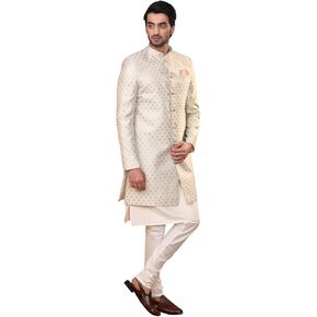 KISAH Men's Off-White Jacquard Indowestern Sherwani Kurta & Pajama Set - Regular Fit, Mandarin Collar |Indian Ethnic