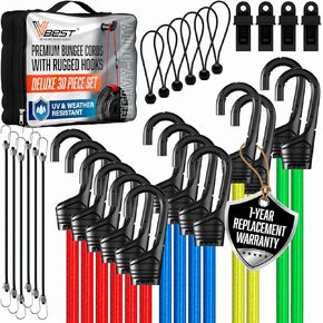 Bungee Cords with Hooks - Bungie Cords Heavy Duty Outdoor - 30pk Assorted Sizes Bungee Cord Set Includes Long Bungee Cords, Small Bungee Straps, Ball Bungy Cords & Tarp Clips with Storage Bag
