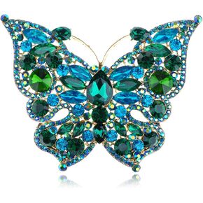 Alilang Golden Tone Sparkle Green Blue Crystal Rhinestones Butterfly Insect Brooch Lapel Pins for Hat Bag Suit Tie