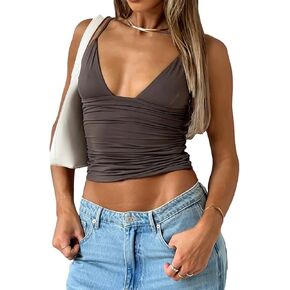 Women Sexy Deep V-Neck Ruched Crop Tank Top Slim Fit Plunge Spaghetti Straps Going Out Top Y2k Cami Shirt