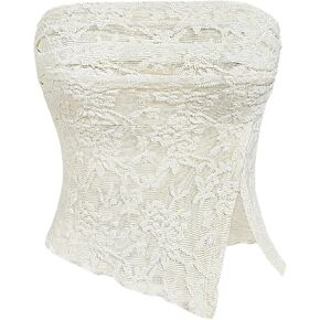 Milumia Women Floral Ruched Tube Tops Y2K Split Hem Mesh Bandeau Shirts